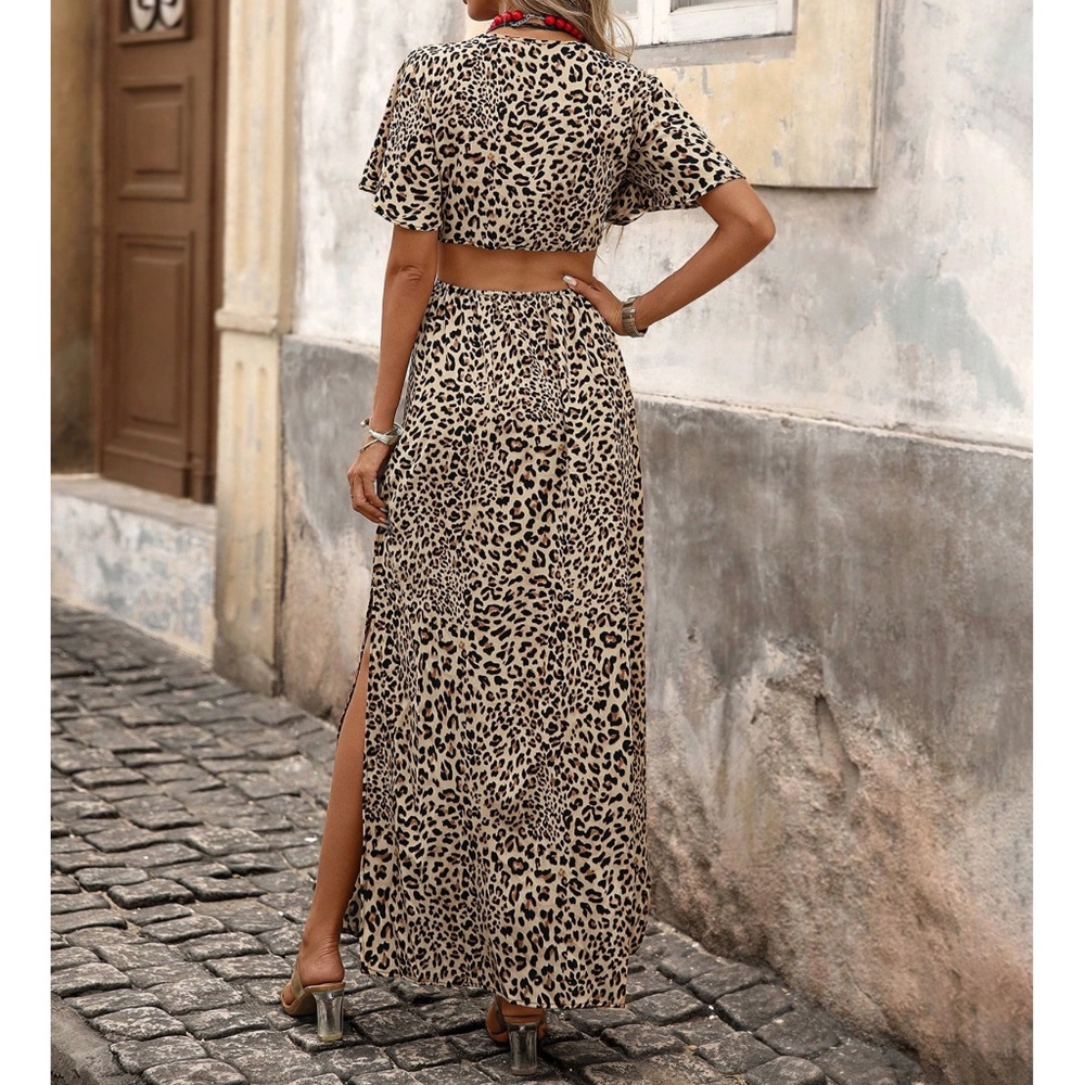 Boho Leopard Print V neck Butterfly Sleeve Split Hem Maxi Dress - Picture 5 of 5